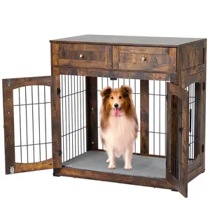 Garvee 40" Heavy Duty Wooden Dog Crate Furniture with 2 Drawers & 3 Doors, Indoor Kennel End Table with Stainless Steel Feeding Bowls, Modern Farmhouse Pet House for Medium & Large Dogs, Multi-Functional Dog Bed & Side Table, Sturdy & Decorative