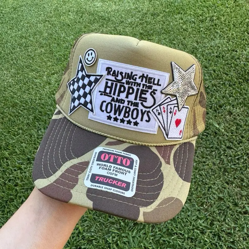 Otto Brand Trucker Hat with Patches - Raising Hell with Hippies and Cowboys Design - Camouflage Pattern - World Famous Foam Front