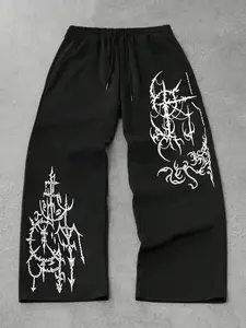 Men's Casual Sporty Long Pants, Gothic Cross Print Sweatpants, Drawstring Wide Leg, Loose Fit, All Season Fashion