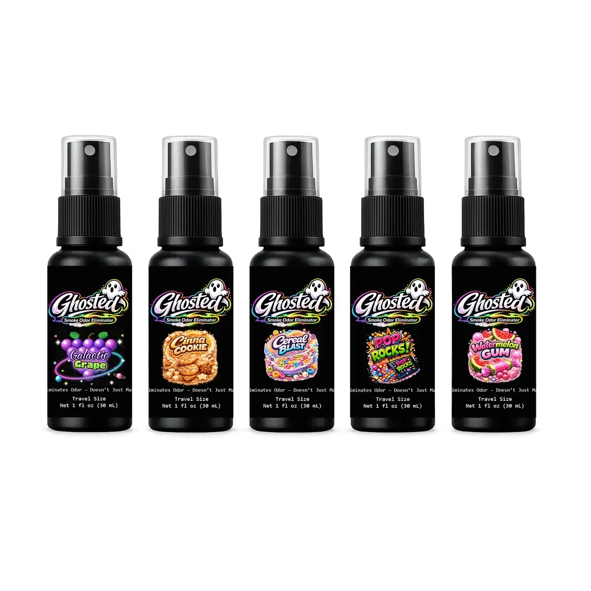 Ghosted Fresh Odor Eliminator Spray - Travel Size 1oz (30ml/1 to 1.9 fl oz) Mist Bottle, Smell Fixer for Living Spaces & Fabric, 4 Viral Scents Including Watermelon Gum & Galactic Grape