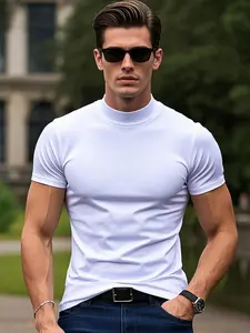 Men's Slim Fit Solid Color White Short Sleeve T-Shirt - Casual Mock Neck, Lightweight & Breathable Fabric for Spring/Summer Menswear Top Streetwear Tshirt