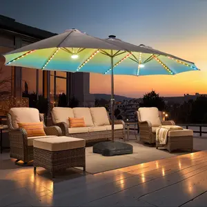 HOOOWOOO 15FT Large Double-Sided Patio Umbrella with Solar Led lights & Base Waterproof Durable Adjustable Lighted for Garden Deck Backyard Pool Beach Canopy Shade