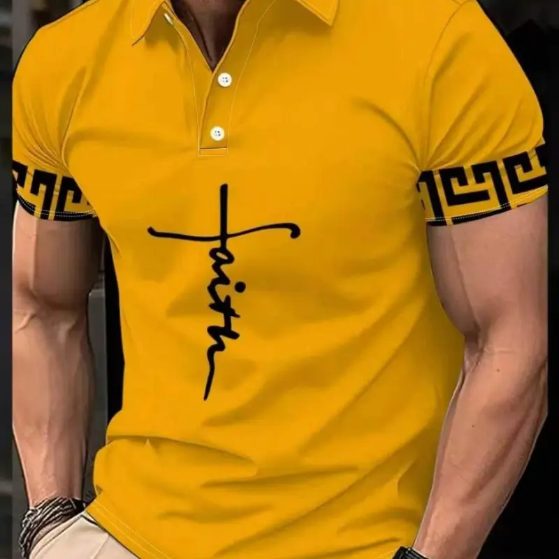 Men's Fashion Streetwear Short Sleeve Collared Polo Shirt, Geometric Print, Classic Casual Fitted Design, Polo Style, All Seasons, Perfect for Vacation & Daily Wear, Menswear, Printed Polo Shirts, Summer Polos