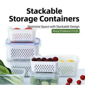 Double-layer thickened storage box with drain basket, fruit and vegetable draining box, refrigerator refrigeration storage box, set of 6