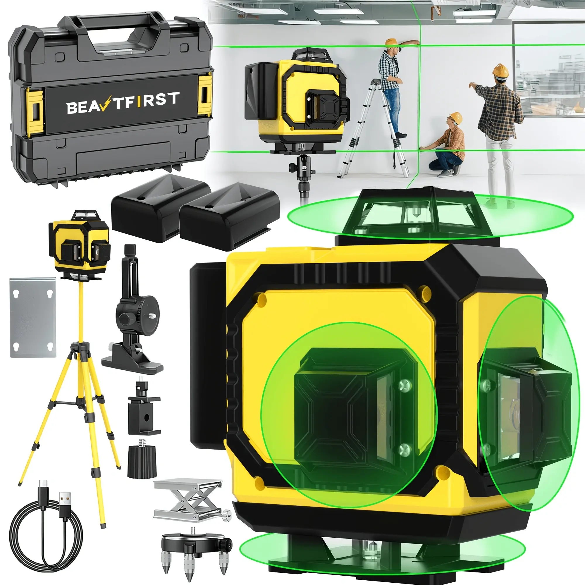 【Best Gift】DateSea 12V Lithium Battery Powered 3-Side 360-Degree Vertical & Horizontal 12-Line Green Level, IP65 Outdoor Durable Over-Molded Case with Battery & Charger