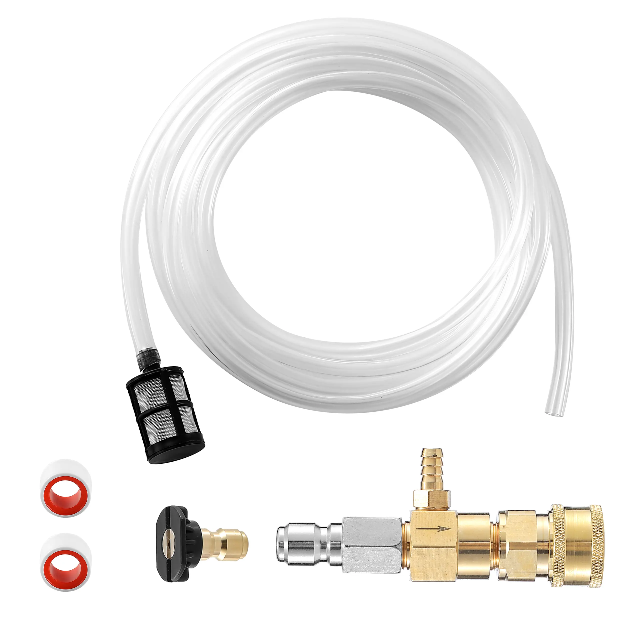 JOEJET Brass Fixed-Type High Pressure Chemical Corrosion-Resistant Downstream Injector Kit for Pressure Washer, Driveways & Walls, 3/8-In Quick-Connect Fitting, 10 Ft Backflow Stop Siphon Hose, Water Hose Fast-Connect Adapter