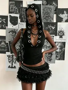 Millennial Punk Style Women's Short Hooded Top, Solid Backless Metal Eyelet Straps, Gothic Street Sleeveless Vest, Trendy Nightclub Streetwear