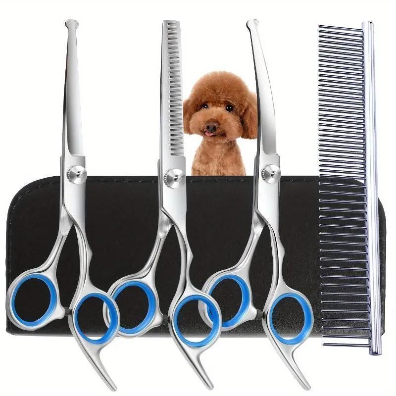 4pcs Professional Dog Grooming Scissors - Stainless Steel Round Tip Down-Curved Thinning and Cutting Shears for Precise Trimming and Shaping Grooming Tools