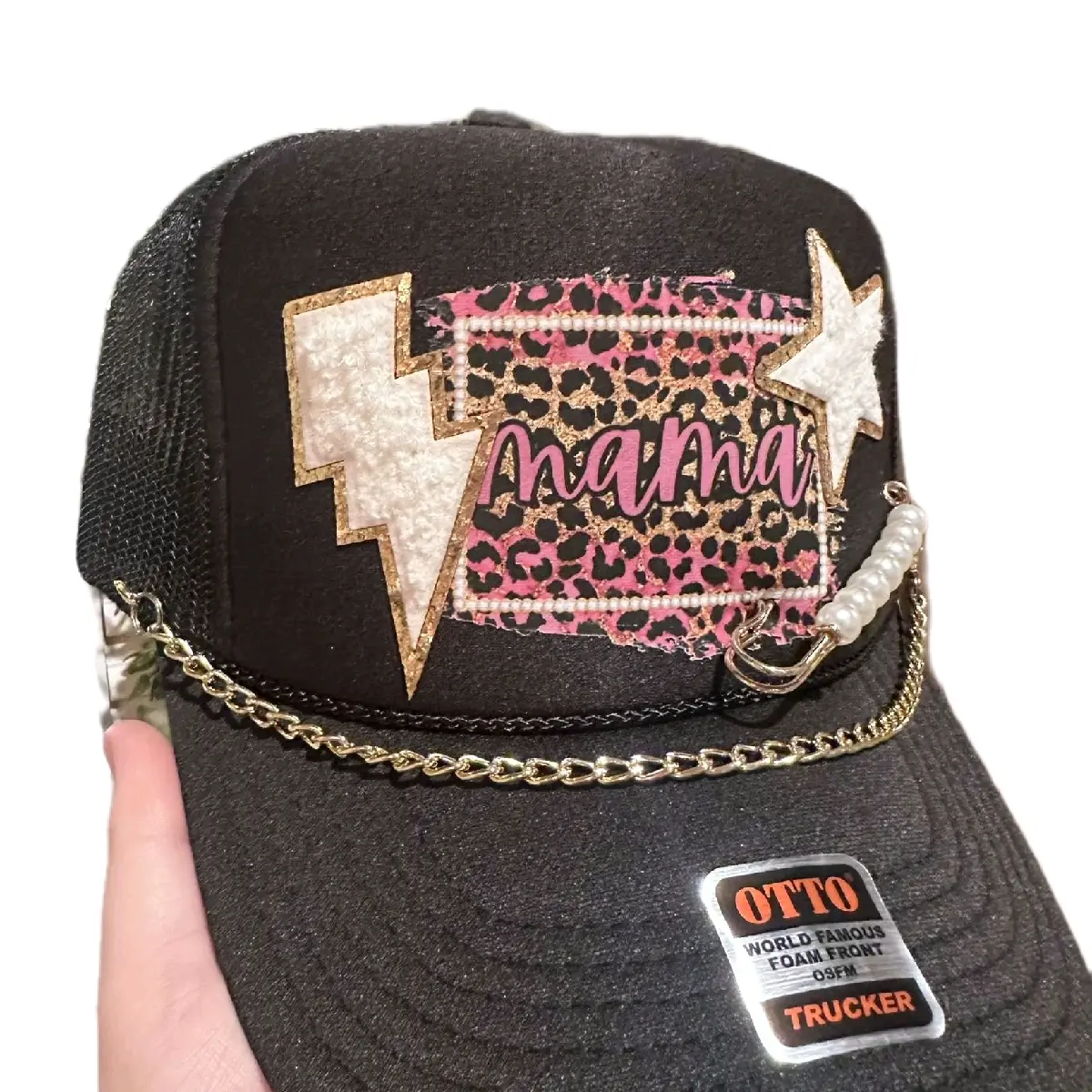 Mama Otto trucker hat with hot pink and gold leopard DTF, lightning bolt patch, star patch, and diamond colored accents.