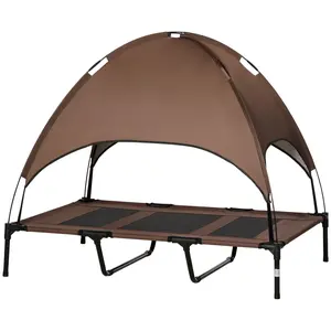 48" x 36" Elevated Portable Dog Cot Cooling Pet Bed with UV Protection Canopy Shade, Coffee