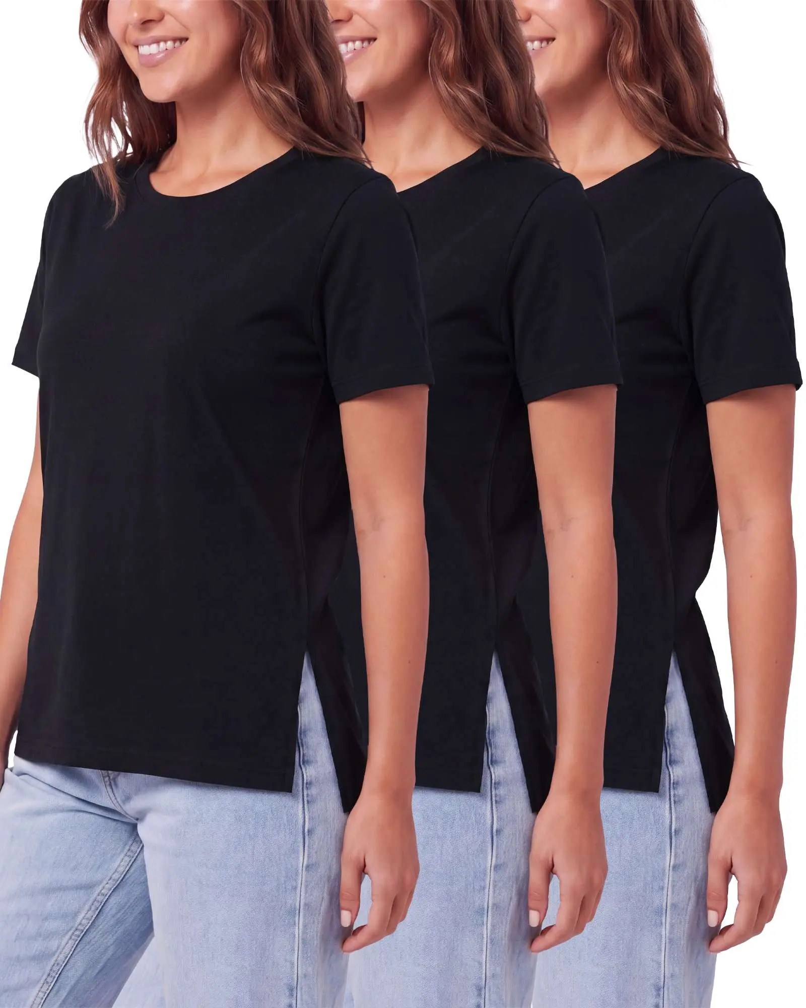 Real Essentials 3 Pack: Women's Cotton Split Hem T Shirts Short Sleeve Crew Neck Side Slit Stretchy Tees Casual Summer Spring