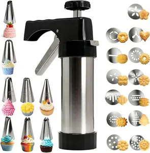 Stainless Steel Cookie Press Gun Kit with 13 Cookie Discs and 8 Piping Tips, Ideal for DIY Homemade Various Cookies Baking Making