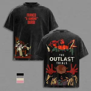 The Outlast Trials Franco Barbi Washed Oversized Cotton T-Shirt, Horror Game Graphic Tee, Vintage Acid Wash Streetwear, Double Printed Unisex Heavy Cotton Black Shirt, Gamer Fan Apparel