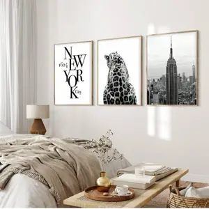 3 Piece Frameless Canvas Art New York Cityscape Leopard Backdrop Living Room Home Decor Vintage Business Style Modern Pop Decoration