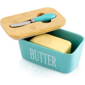 Hasense Porcelain Butter Dish with Lid for Countertop, Large Ceramic Butter Dish with Knife, Airtight Butter Keeper Container with Cover Perfect for East West Coast Butter, Turquoise