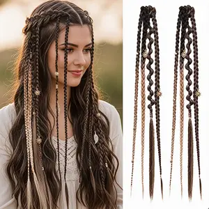 2 PCS Boho Clip In Braids with Beads & Charms | 20" Synthetic Hair Extensions for Festival, Cosplay & Daily Style