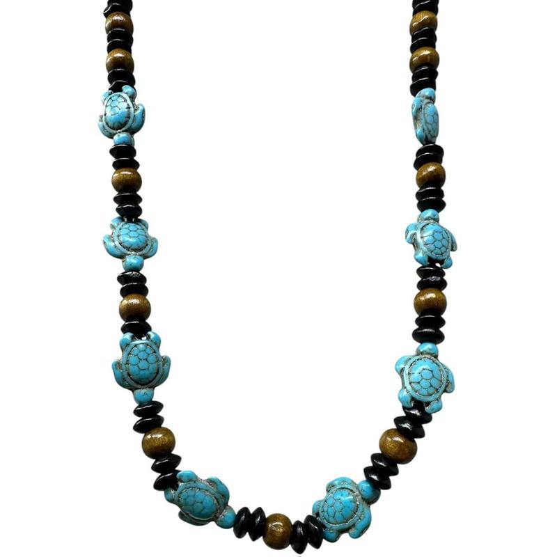 Turquoise Howlite Sea Turtle Beaded Necklace with Black & Brown Wooden Beads Adjustable Cord 14-24 Inches Unisex Bohemian Style Jewelry