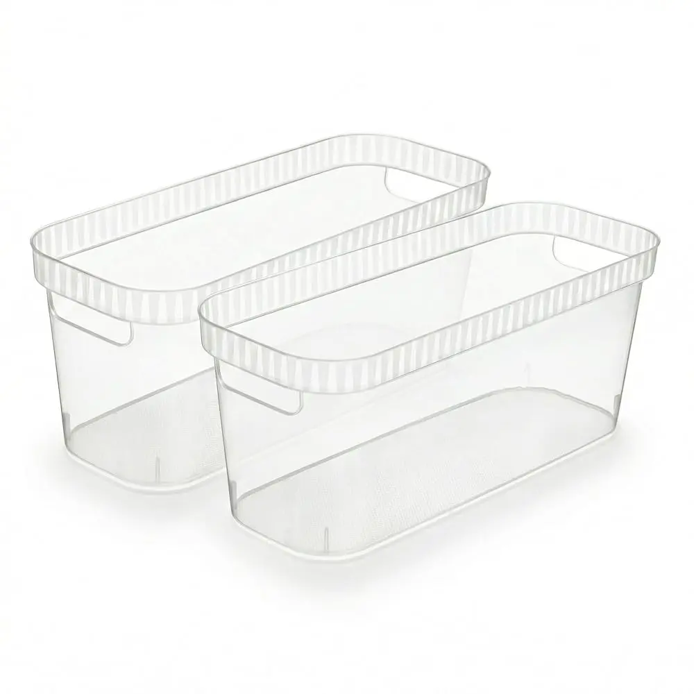 Tribello Slim Clear Plastic Storage Bins for Tight Spaces, 2 Pack Narrow Basket Organizer, 15” X 6” X 6”