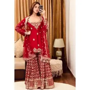FANCY GEORGETTE EMBROIDERY SEQUENCE WORK TOP SHARARA WITH DUPATTA RED SIZE XL