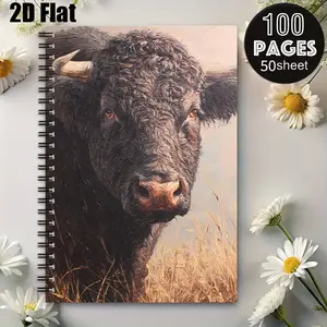 1pc Bull Art Spiral Notebook 5.7x8.26 Inch, Premium Lined Pages, Durable Coil Binding, Perfect for Farm Journal, Nature Sketching, Travel Notes, Outdoor Adventure Log, Ideal Gift for Wildlife Lovers on Christmas, Thanksgiving, Birthday [2D] Flat