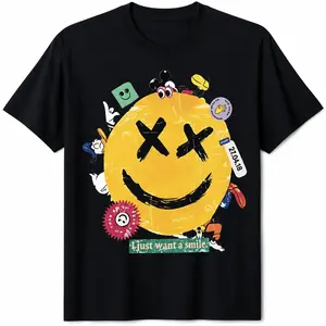 KAWS Style X-Eyes Smiley Face Tee ‍ 'I Just Want A Smile' Cartoon Sticker Bomb | 100% Cotton Heavyweight Oversized T-Shirt