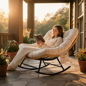Wicker Rattan Rocking Chair with Arc Foot Base, Single Person Indoor Outdoor Patio Rocker with Loose Beige Cushion, Iron Frame Rustic Country Style, Yellow Rattan with Beige Cushion