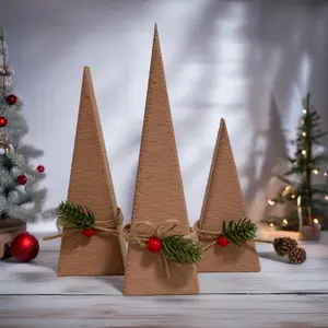 Set of 3 Christmas tree Tabletop decoration, Bow Handmade Brown Beige Textured trees, New Year Winter Rustic Christmas decor 5.5, 7.5, 8.5''