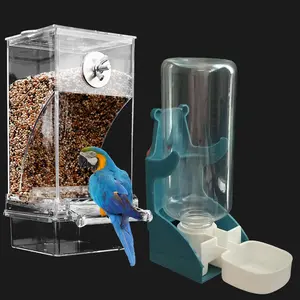 No Mess Bird Feeder Water Dispenser Set, SHGNUY Automatic Transparent Parrot Feeder  Parrot  Container Drinker Cage Accessories for Small Birds Canary Parakeet Finch (Dark Green, 1)