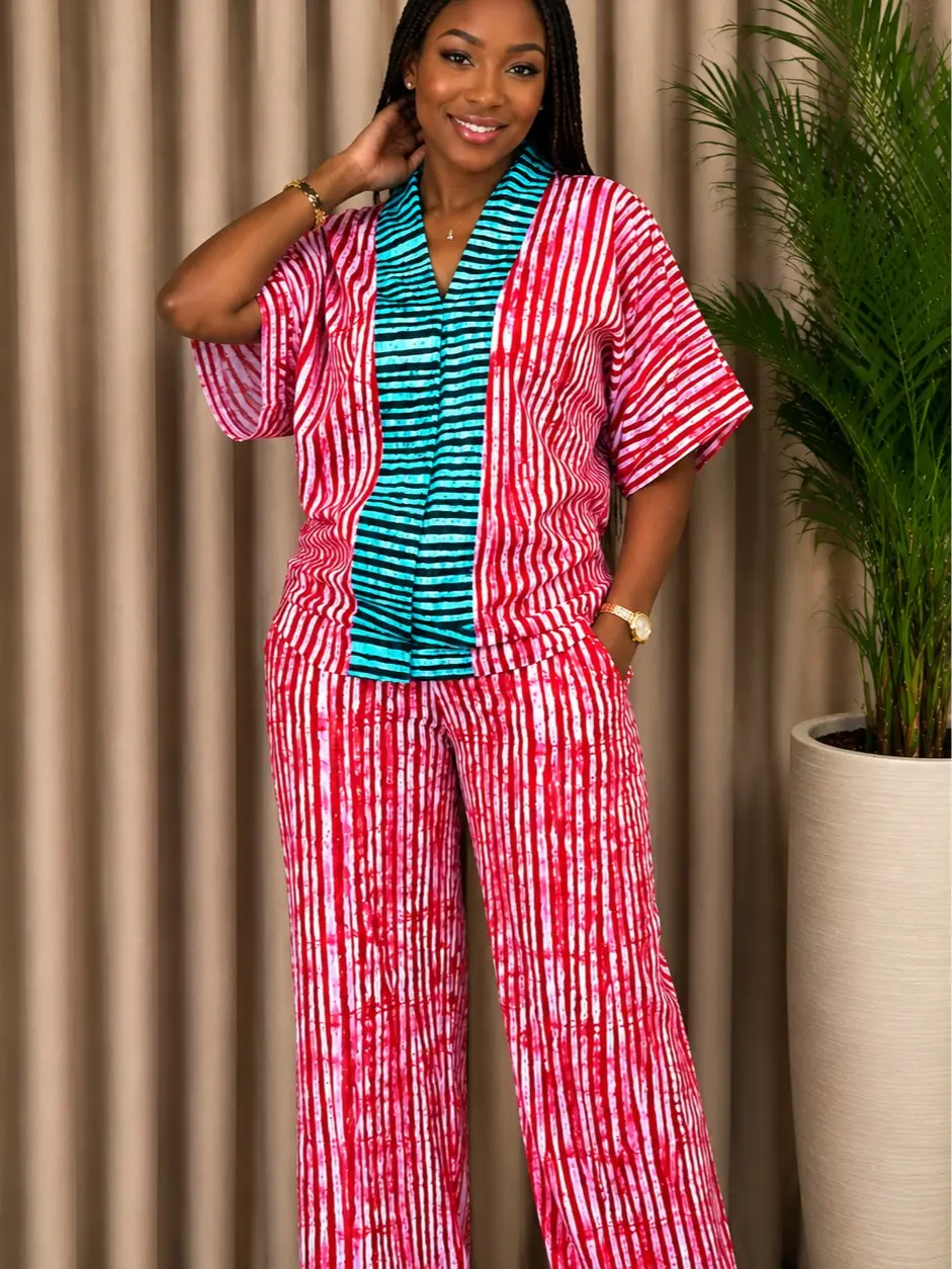 Women's Ankara Wax Print 2-Piece Set | Relaxed Fit Top & Wide Leg Pants | African Outfit