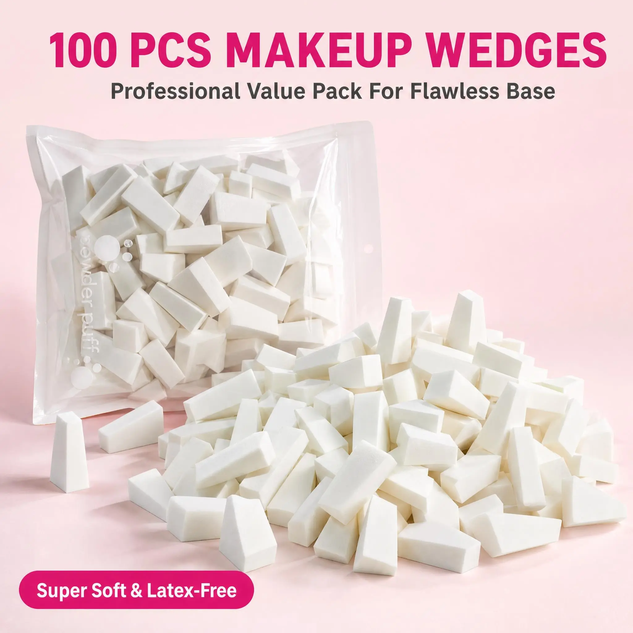 100 Pcs Bulk Pack Latex-Free Polyurethane Makeup Wedge Sponges, Soft Dual-Use Wet/Dry Cosmetic Wedges, Disposable Beauty Tools for Makeup Art, Nail Art