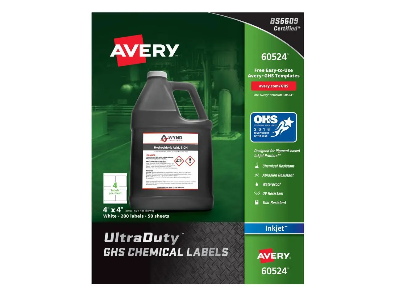 Avery Chem Label,  4"W x 4"H, 200 Labels,  PK200 White  Synthetic Film  60524