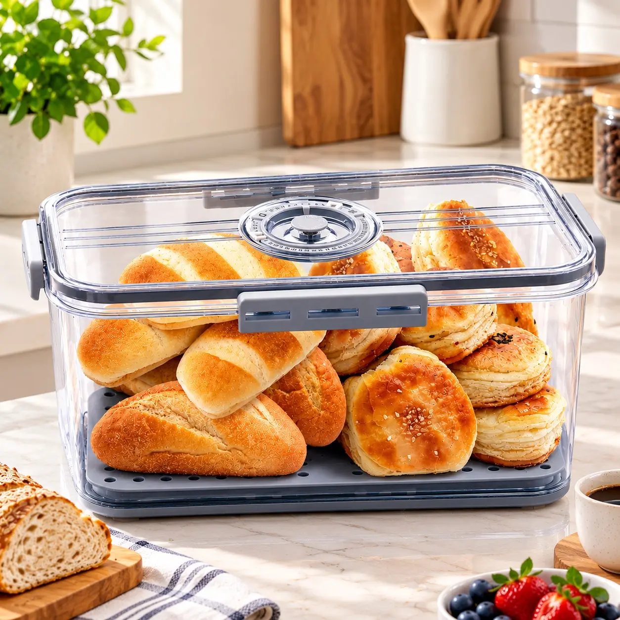 Upgrade Airtight Bread Box for Kitchen Counter | Clear Loaf Bread Keeper Storage Container with Lid | Time Recording Dial Bread Holder, Large Capacity Homemade Bread & Sandwich Storage, BPA-Free White
