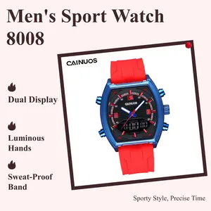 CAINUOS 8008 Men's Quartz Analog-Digital Tonneau Watch - Dual Display Chronograph, Luminous Backlight, Week & Date, Soft Silicone Strap, 3ATM Waterproof, Durable Sport EDC Wrist Watch
