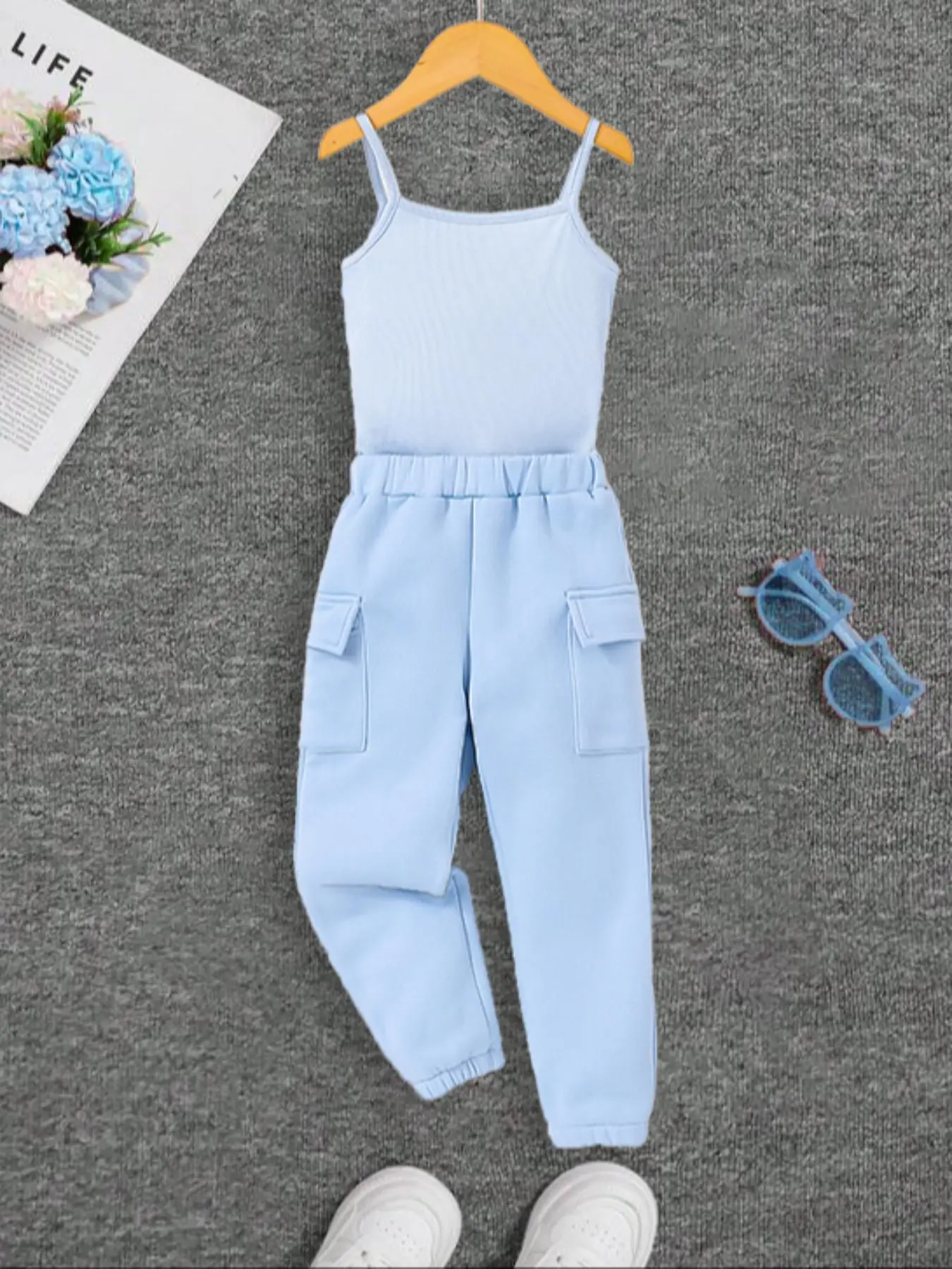 Two-piece Set Toddler Girl's Sleeveless Solid Flap Pocket, Casual Spaghetti Strap Cami Bodysuit & Jogger Pants for Daily Wear, Kids Summer Clothes