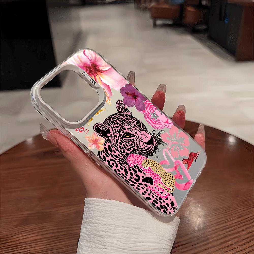 Leopard-print tiger and floral pattern design, full-coverage fashion phone case in colored silver. Compatible with Apple iPhone 17/16/15/14/13 Pro Max and Samsung Galaxy S25/24/23 Ultra series models.