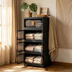 Plastic multi-layer storage cabinet with lid and wheels — left/right swing door design, no assembly required foldable storage cabinet, swivel casters with brakes, top dust cover, suitable for kitchen, bedroom, laundry room, garage