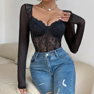 Sexy sheer lace low-cut multifunctional fashionable street-style jumpsuit, comfortable fitted corset-top design, women’s fashion trend GARMENTARY