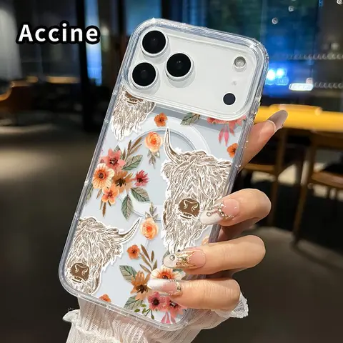 Magnetic MagSafe Fit Durable Smartphone Casing for iPhone 15,17 Pro Max-17 Air, Shockproof Mobile Accessory with 4-Corner Cushions, Bison Floral Symphony Pattern, Non-Yellowing Soft Silicone, Transparent Acrylic, Large Hole Cover Protection