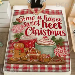 Christmas Blanket Multiple Sizes 2D Print Gingerbread Drink House Candy Design Flannel Material Bedroom Living Room Decor Warm