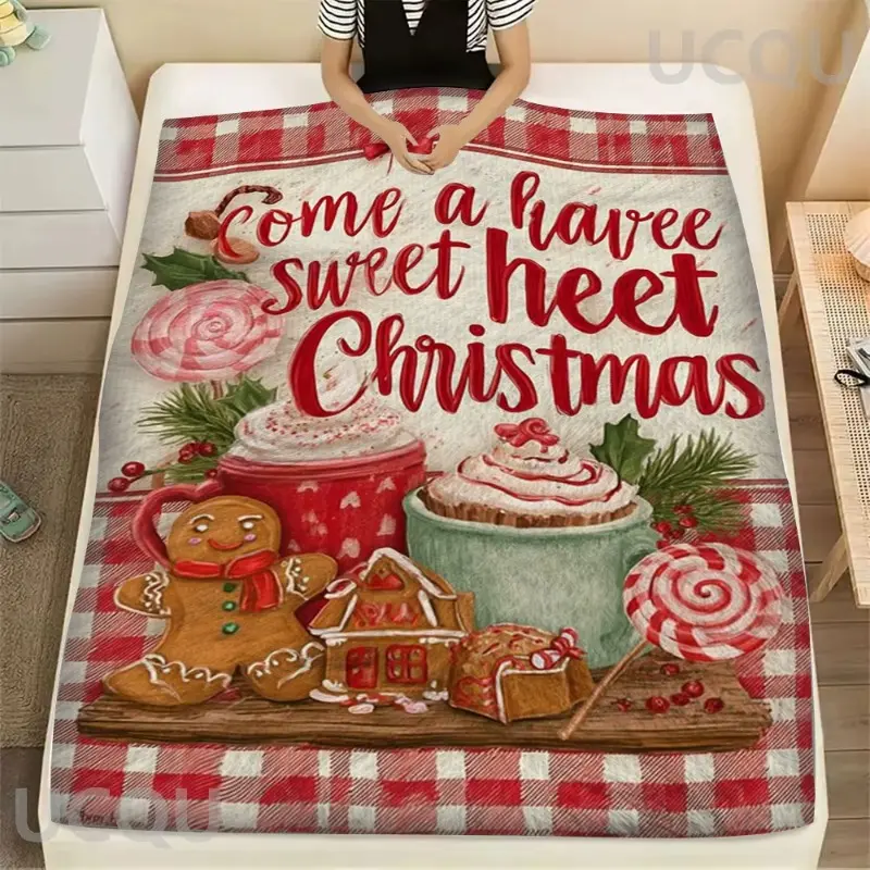 Gingerbread Print Christmas Flannel Blanket - Breathable Soft, 2D Gingerbread Drink, House & Candy Design, Multiple Sizes, Warm Bedding Throw for Bedroom, Living Room Decor summerwins