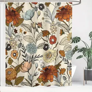 Floral Print Removable Shower Curtain with 12 Hooks, Waterproof Bathroom Curtain, Bathroom Decor Supplies for Home Hotel Salon Dormitory