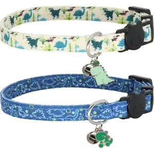 Cat Collar Breakaway, 2 Pack Cotton Cats Collars with Bells, Cute Dinosaurs Shaped for Girl Boy Kittens