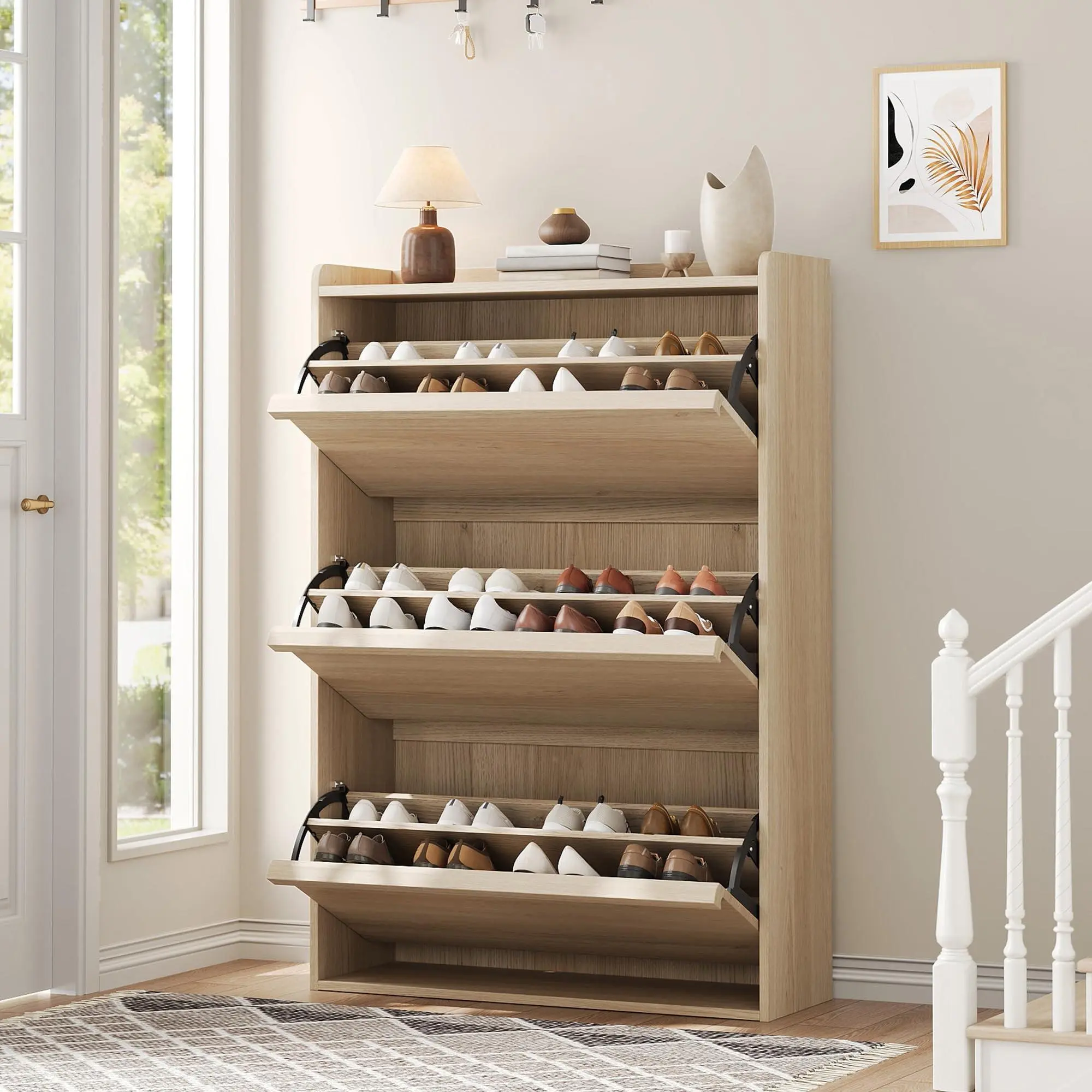Decorative Wall-Mounted Shoe Cabinet with 3 Flip Drawers, Smooth-Fitting Hidden Entryway Storage Organizer with Adjustable Shelves