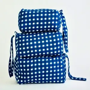 Navy Gingham Cosmetic Bag Set - 3 Sizes Waterproof Makeup Bags with Block Prints & Soft Cotton Interior
