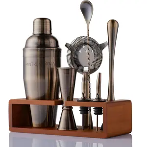 Cocktail Shaker Set – Stainless Bartender Kit with Bamboo Stand for Home Bartending - Mixology Set for Beginners & Pros (Brushed Gold)