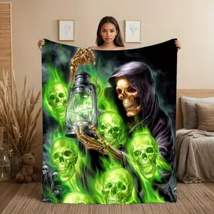 1pc Glowing Green Skulls Flannel Throw Blanket Soft Cozy Polyester with Digital Design All Season, Throw Blanket for Couch, Christmas Halloween Blanket And Travel Blanket. Perfect for Sofa, Bed, Office, Home Decor Great Birthday Holiday Gift
