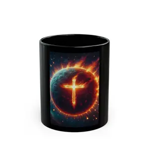 Cosmic Cross Black Mug | Stylish Coffee Cup Gift | Spiritual Art Mug for Meditation or Inspiration, Unique Mug for Occasions Ceramic Drinkware