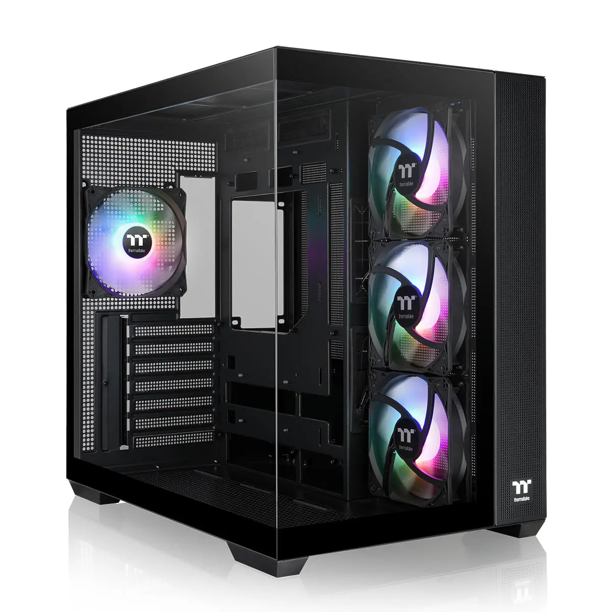 View 380 TG ARGB Mid Tower PC Case, PC Unit with ARGB Fans, Component View, Dual Chambers, Tempered Glass Protector