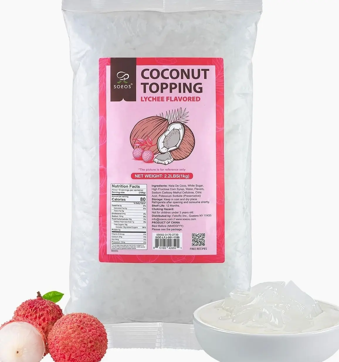 Soeos Lychee Flavored Coconut Jelly Strips, 2.2 lbs (1 Kg), Lychee Jelly for Boba Tea, Sweet and Chewy Tropical Snack, Perfect Topping for Ice Cream, Desserts