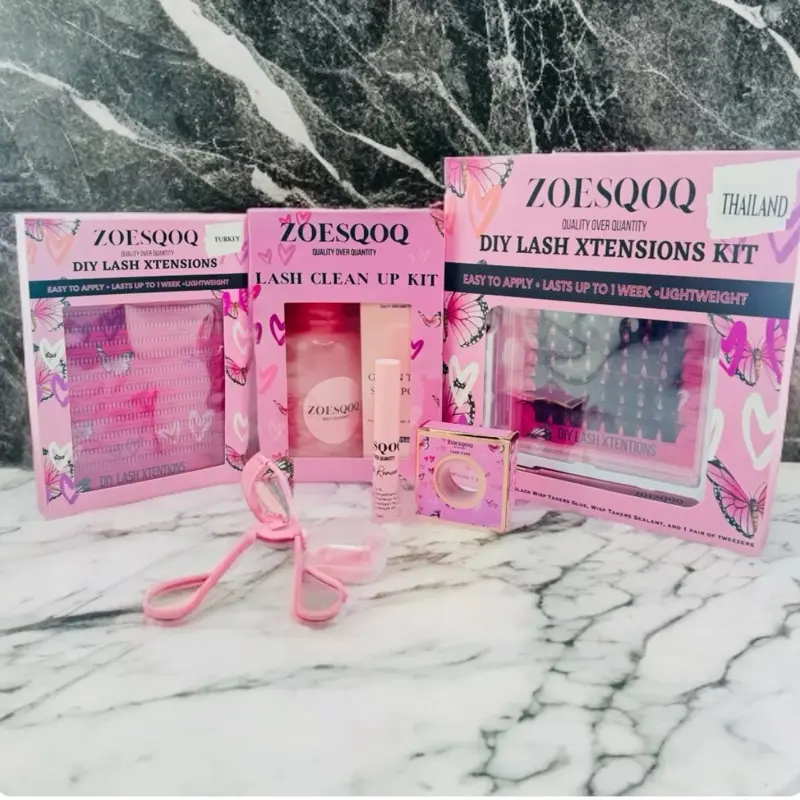 Zoesqoq Lash Cluster Complete Kit $100 Value DIY Lash Xtensions Kit with Clean Up Solution & Application Tools